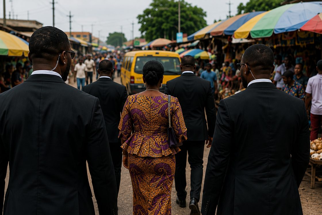 Close-protection detail escorting a principal
