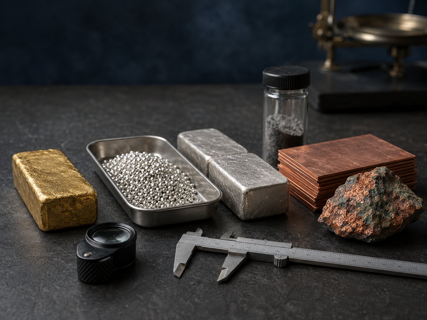 Gold, silver, platinum-group metal and copper with assay balance, calipers and loupe