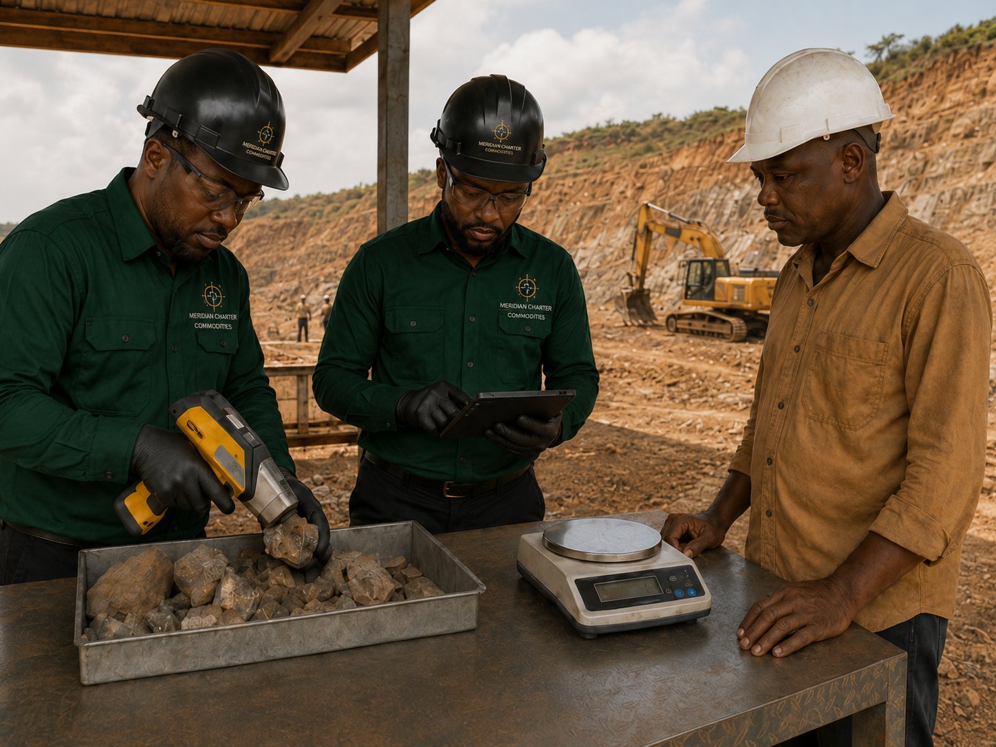 Meridian Charter Commodities team assaying ore on-site with an XRF analyser and scale
