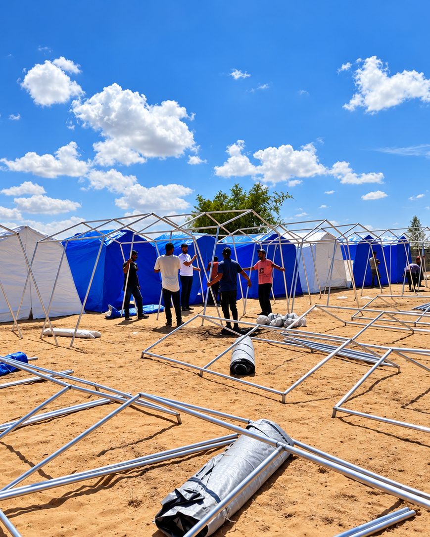 Teams assembling rows of tent frames for a displacement camp in Gaza