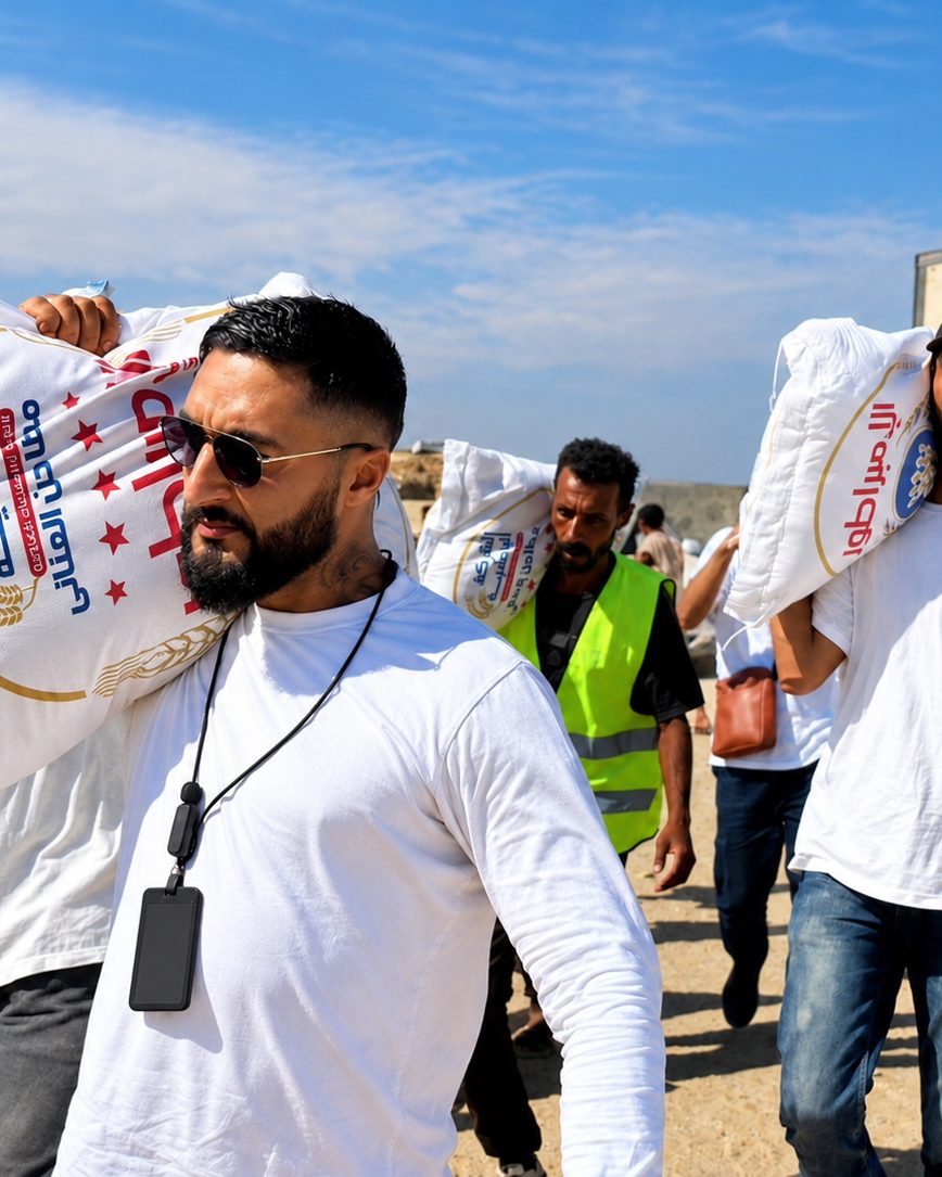 Benjamin Grant carrying sacks of flour with a local aid team in Gaza