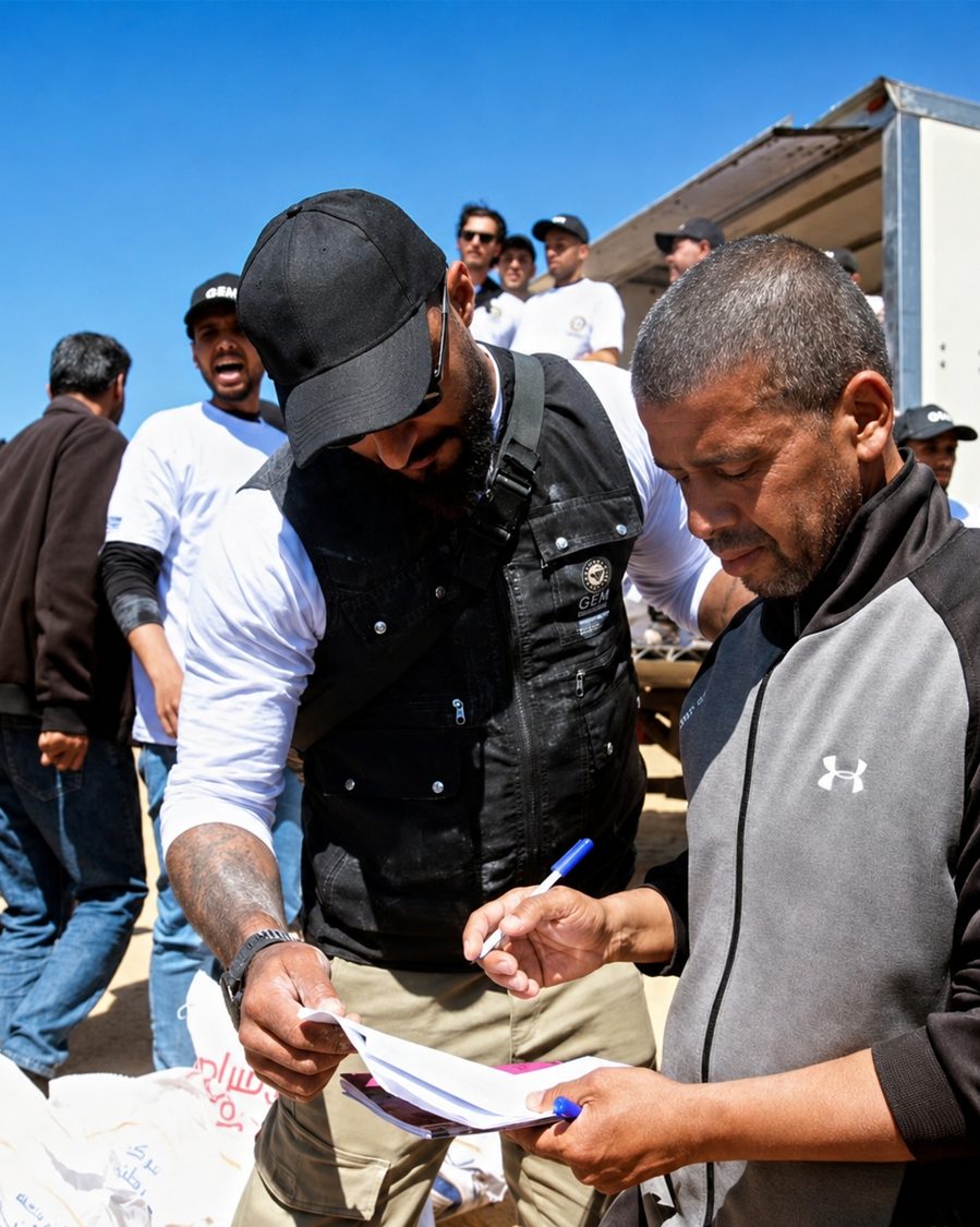 Benjamin Grant checking a distribution manifest with a local coordinator in Gaza