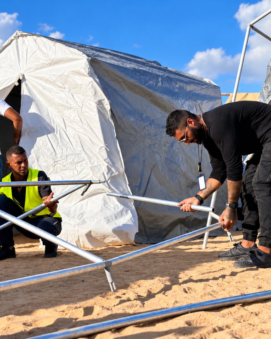 Benjamin Grant assembling a tent frame with a local worker in Gaza