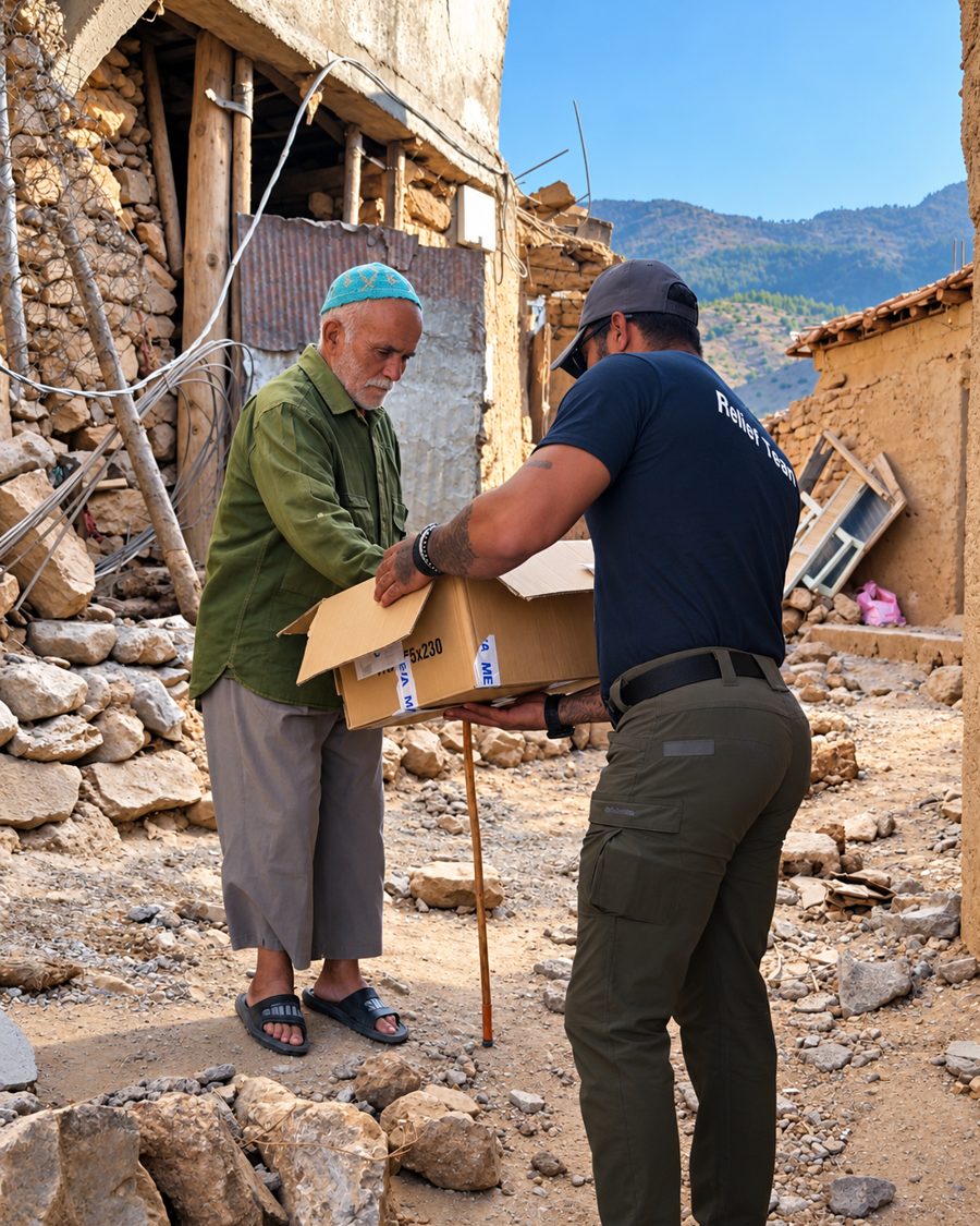 Benjamin Grant handing a box of aid to an elderly man in a Moroccan mountain village