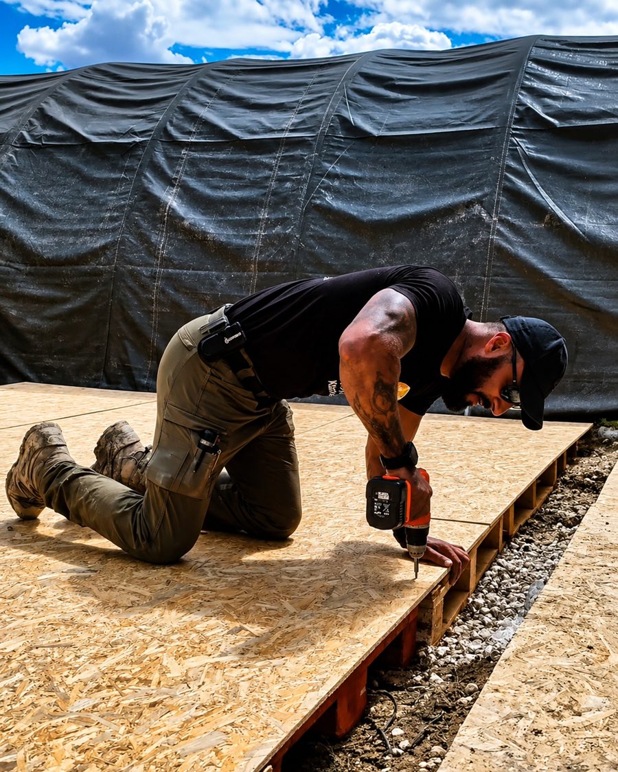Benjamin Grant laying the floor of a field facility in Turkey