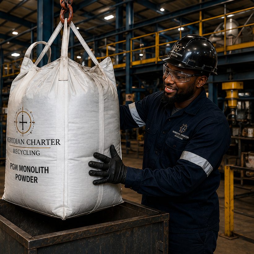 Sealed FIBC bag of PGM monolith powder, labelled for despatch